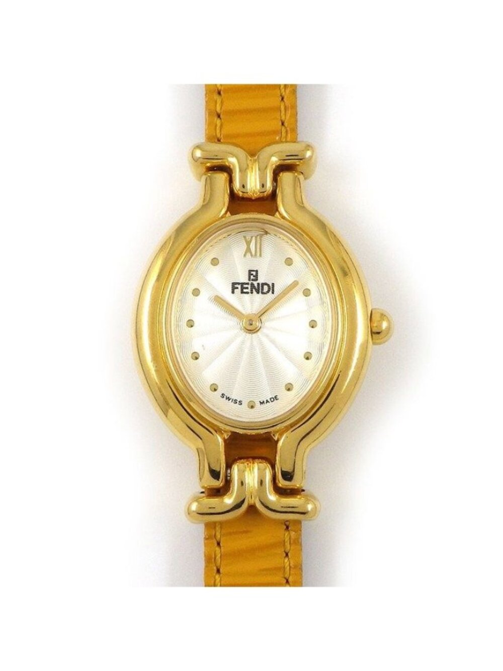 Fendi Watch Chameleon Change Oval Silver Guilloche Dial Yellow Calf Leather